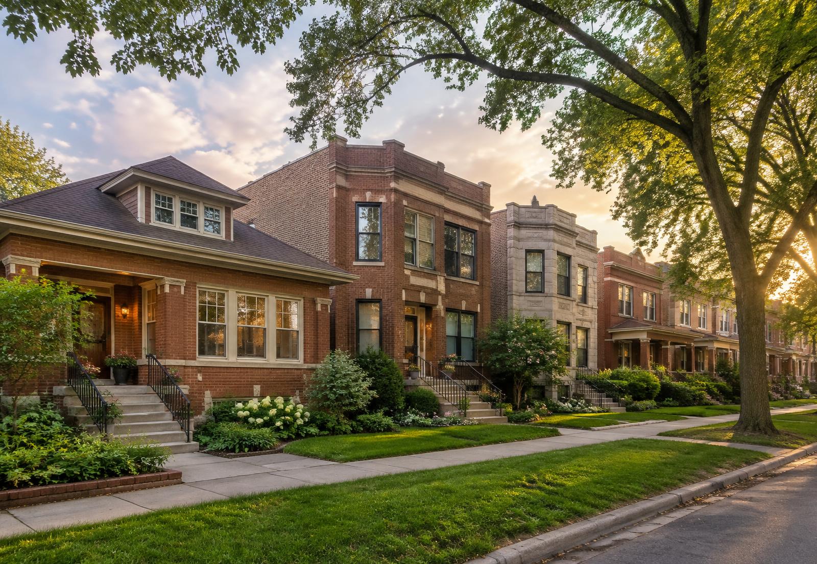 Classic brick homes on a tree-lined street on Chicago’s North Side