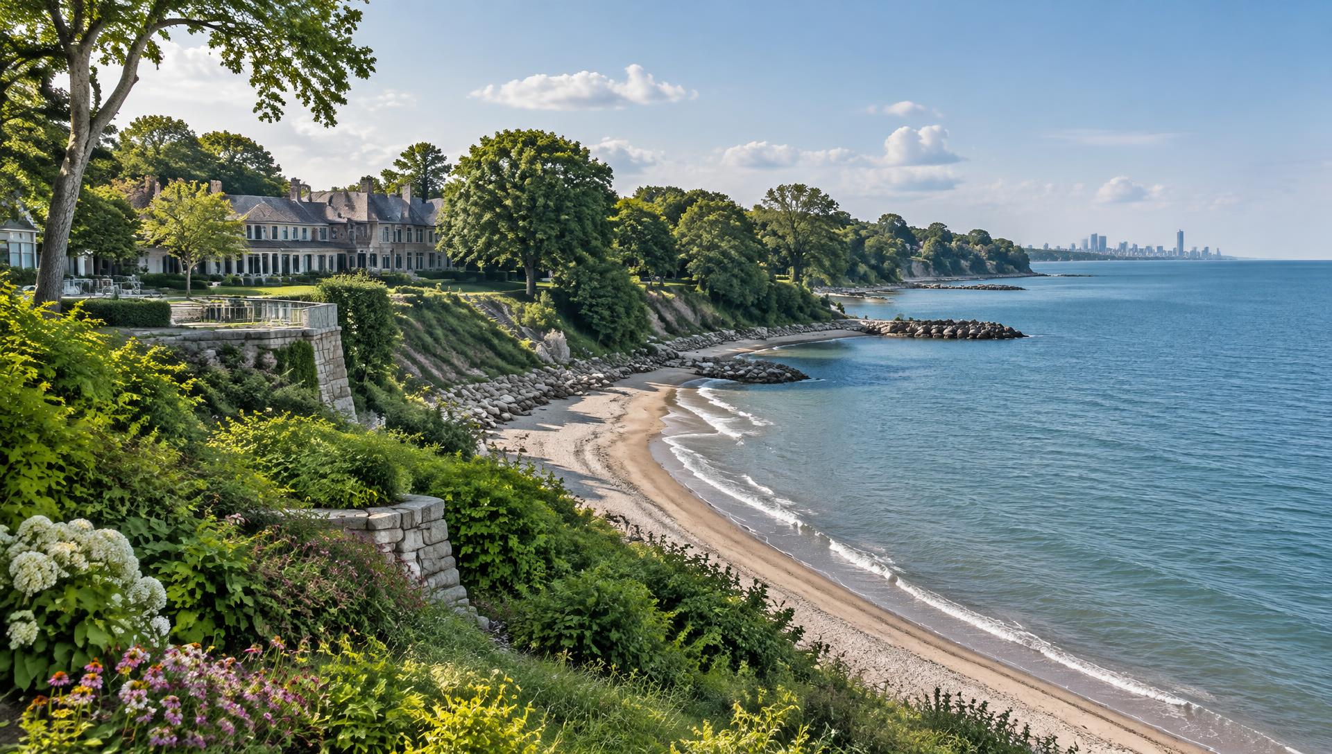 Lake Michigan shoreline and landscaped bluffs along Chicago’s North Shore