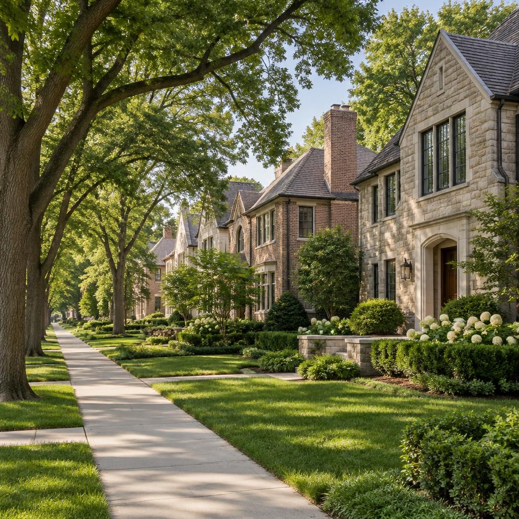 Tree-lined residential street with historic brick and stone homes on Chicago’s North Shore