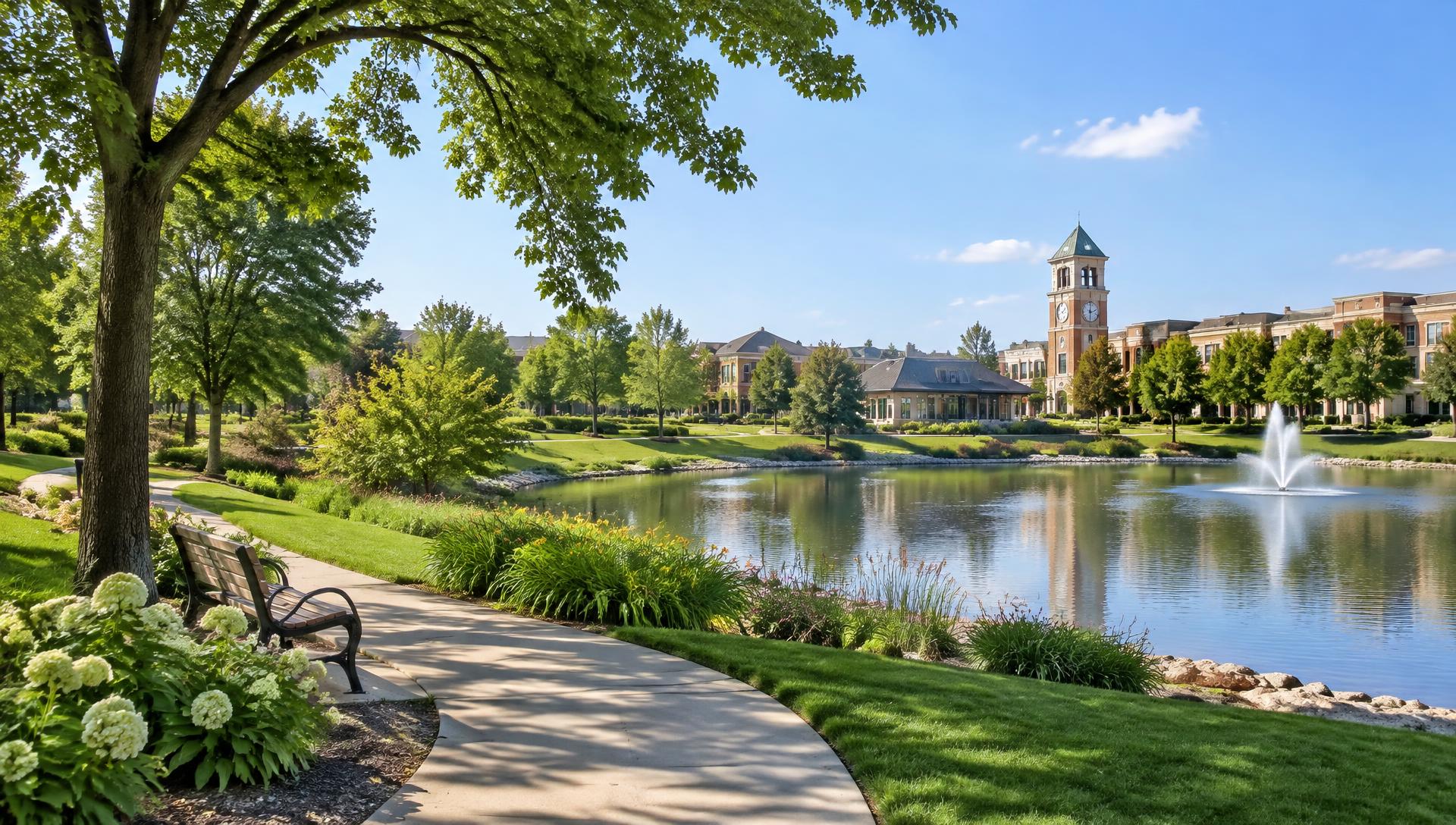 Landscaped park, pond, and village center in Chicago’s Northwest Suburbs