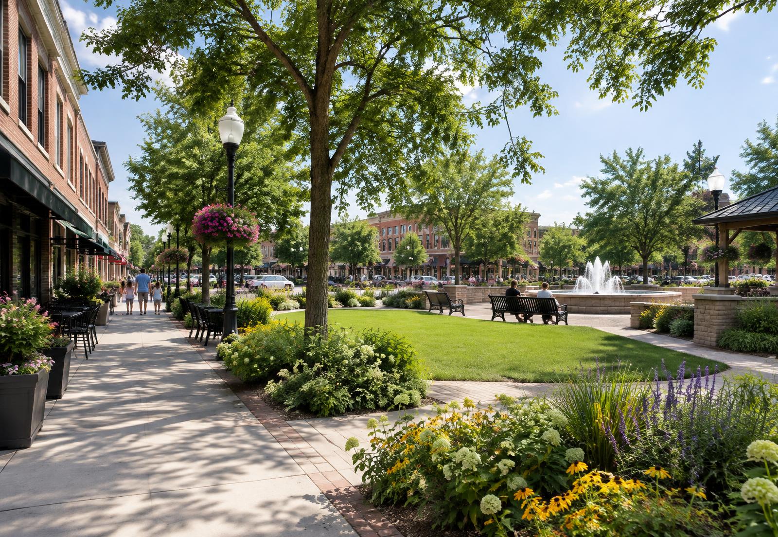 Landscaped village center in Chicago’s Southwest Suburbs