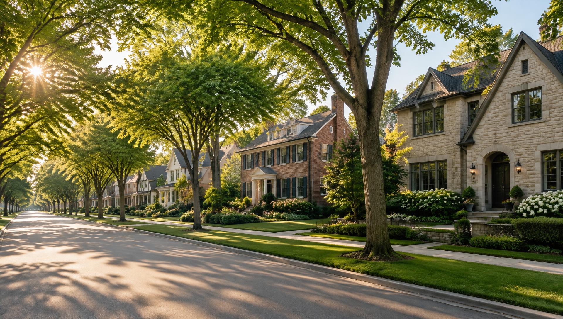 Tree-lined residential street in Chicago’s Western Suburbs at golden hour