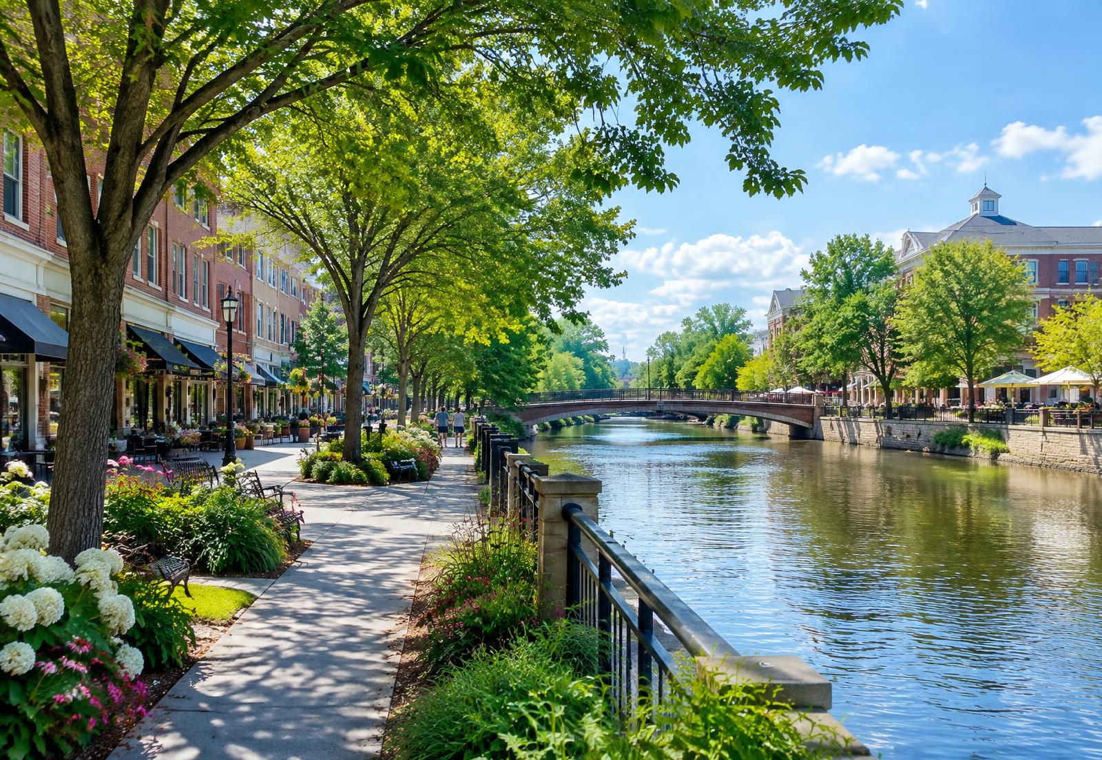 Landscaped riverwalk and village center in Chicago’s Western Suburbs